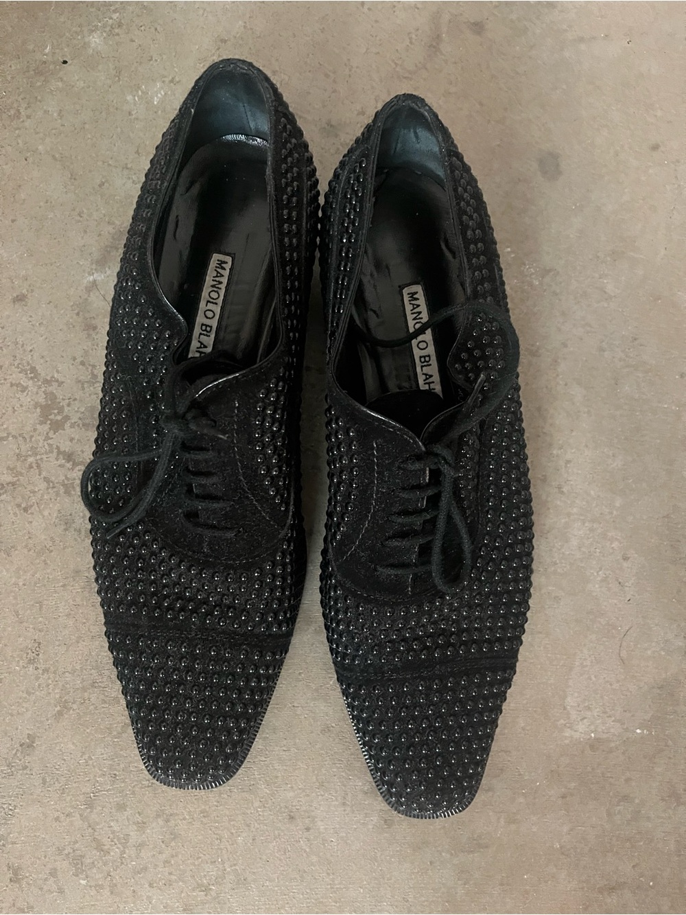 Manolo Blahnik Black Studded Lace-Up Flats